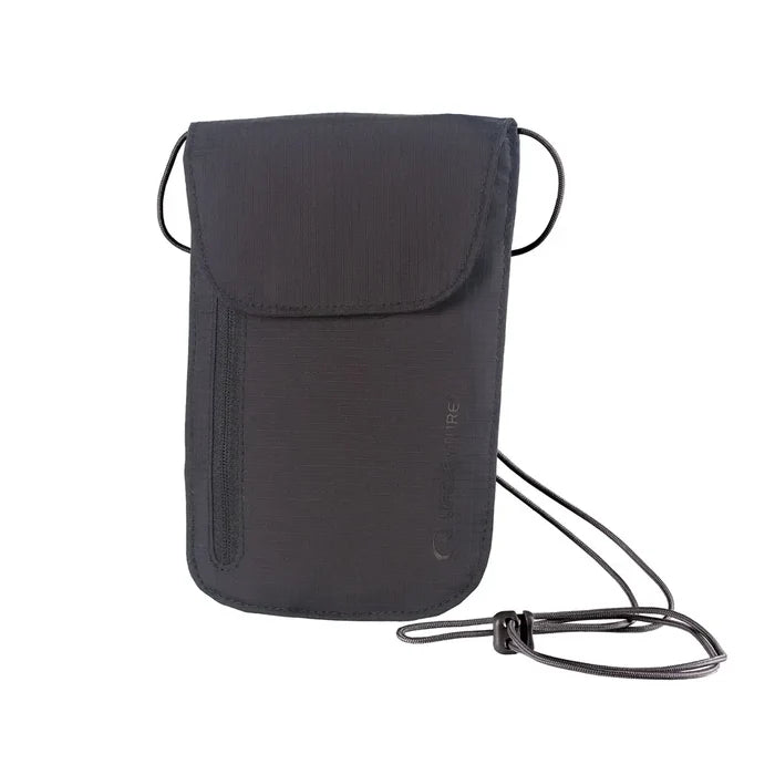 Front detail of a Lifventure Waterproof chest wallet showing the adjustable lanyard and the front zipped pocket