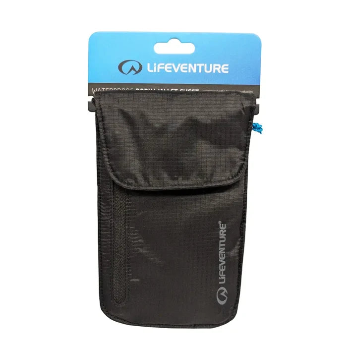 Lifeventure Waterproof Chest Wallet in black shown with its packaging from the front on a white background