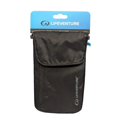 Lifeventure Waterproof Chest Wallet in black shown with its packaging from the front on a white background