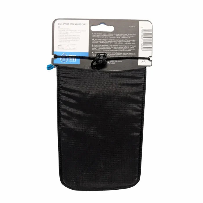 Lifeventure Waterproof Chest Wallet in black shown with its packaging from the reverse on a white background