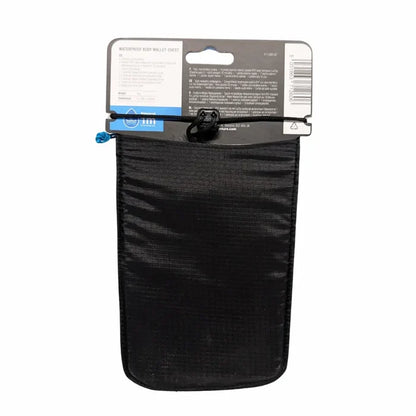 Lifeventure Waterproof Chest Wallet in black shown with its packaging from the reverse on a white background