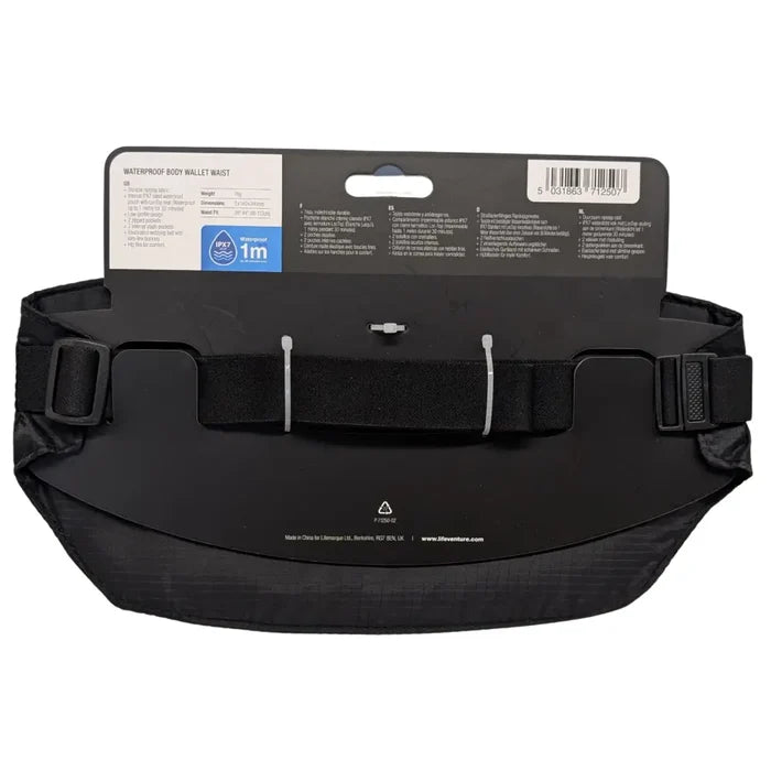 Lifeventure Waterproof Waist Wallet black packaging rear details on a white background