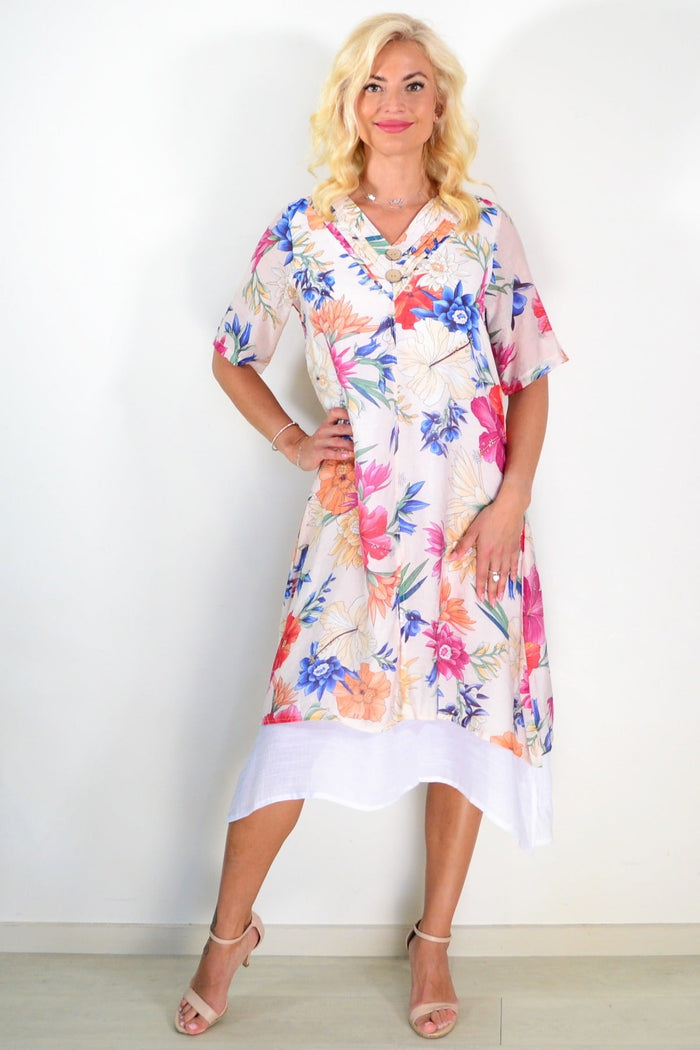 Light beige print summer tunic dress by La Mode, featuring a relaxed fit and stylish pattern, perfect for warm weather.