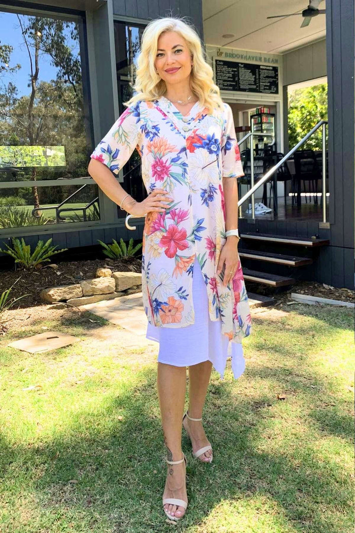 Light beige print summer tunic dress by La Mode, featuring a relaxed fit and stylish design perfect for warm weather.