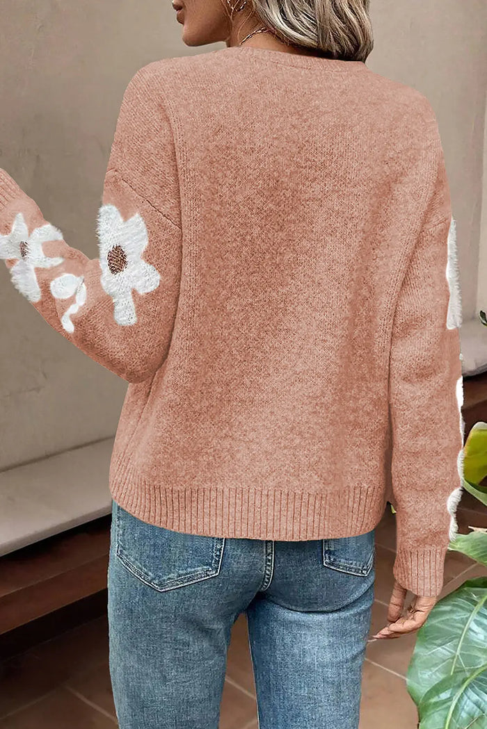 Light Grey Flower Sleeve Drop Shoulder Sweater - Sweaters & Cardigans/Sweaters