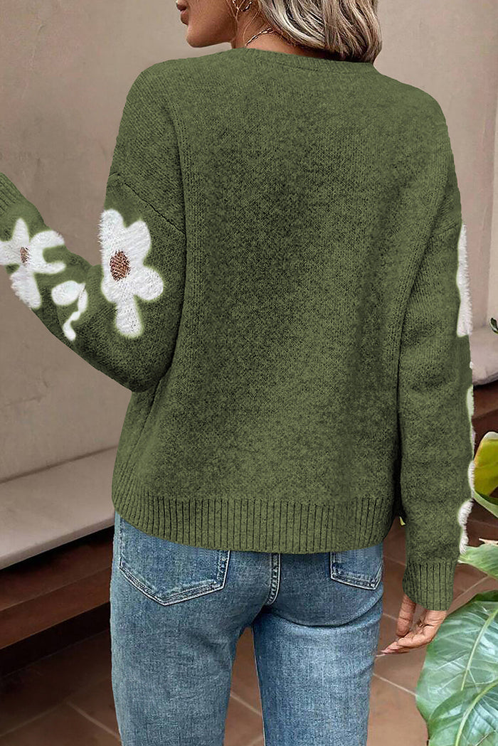 Light Grey Flower Sleeve Drop Shoulder Sweater - Sweaters & Cardigans/Sweaters