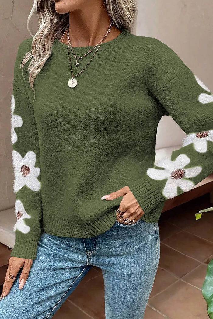 Light Grey Flower Sleeve Drop Shoulder Sweater - Sweaters & Cardigans/Sweaters