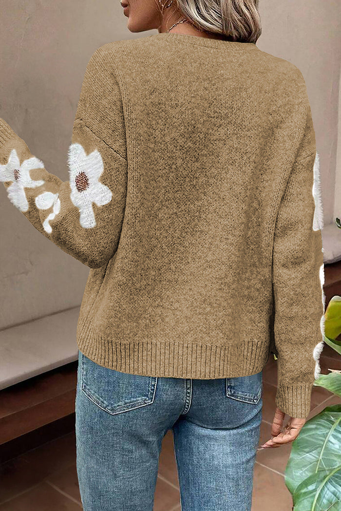 Light Grey Flower Sleeve Drop Shoulder Sweater - Sweaters & Cardigans/Sweaters