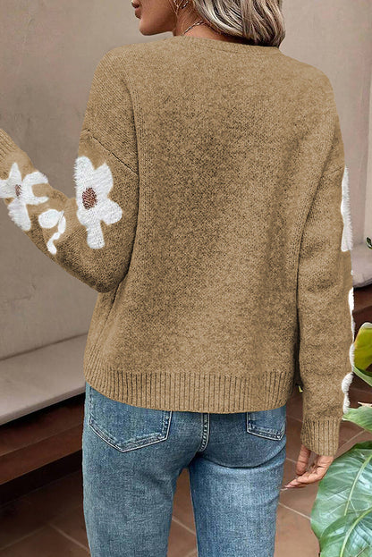 Light Grey Flower Sleeve Drop Shoulder Sweater - Sweaters & Cardigans/Sweaters