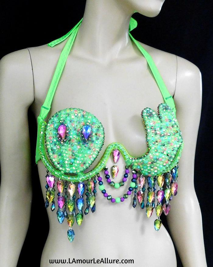 Light Up LED Neon Green Peace Alien Carnival Rhinestone Top