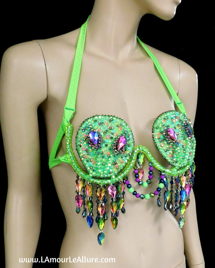 Light Up LED Neon Green Two Headed Alien Samba Carnival Rhinestone Top