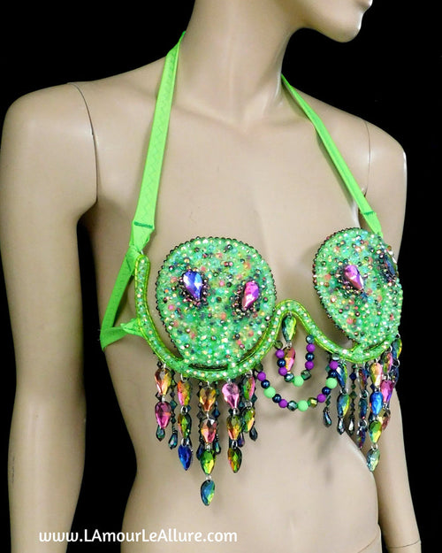 Light Up LED Neon Green Two Headed Alien Samba Carnival Rhinestone Top
