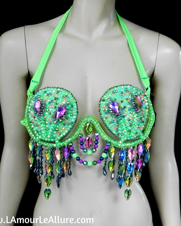 Light Up LED Neon Green Two Headed Alien Samba Carnival Rhinestone Top