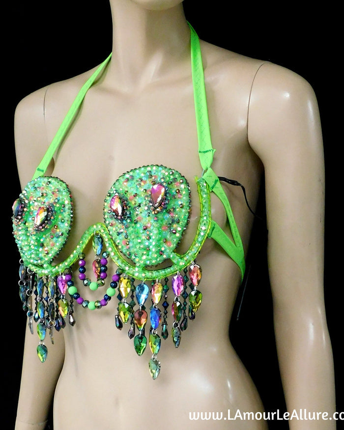 Light Up LED Neon Green Two Headed Alien Samba Carnival Rhinestone Top