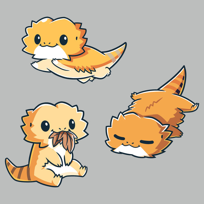 Premium Cotton T-shirt_TeeTurtle Lil Bearded Dragons Silver Gray t-shirt featuring three cartoon-style illustrations of Lil' Bearded Dragons in various poses: sitting and holding food, laying down, and standing on all fours with a happy expression.