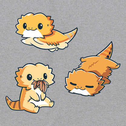 Classic Cotton T-shirt_TeeTurtle Lil Bearded Dragons Heather Gray t-shirt featuring three cartoon-style illustrations of Lil' Bearded Dragons in various poses: sitting and holding food, laying down, and standing on all fours with a happy expression.