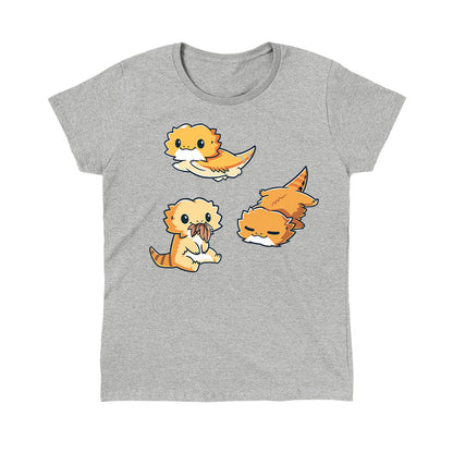 Classic Cotton T-shirt_TeeTurtle Lil Bearded Dragons Heather Gray t-shirt featuring three cartoon-style illustrations of Lil' Bearded Dragons in various poses: sitting and holding food, laying down, and standing on all fours with a happy expression.
