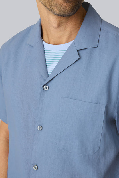Collar view of Linen Camp Shirt in Desert Spring