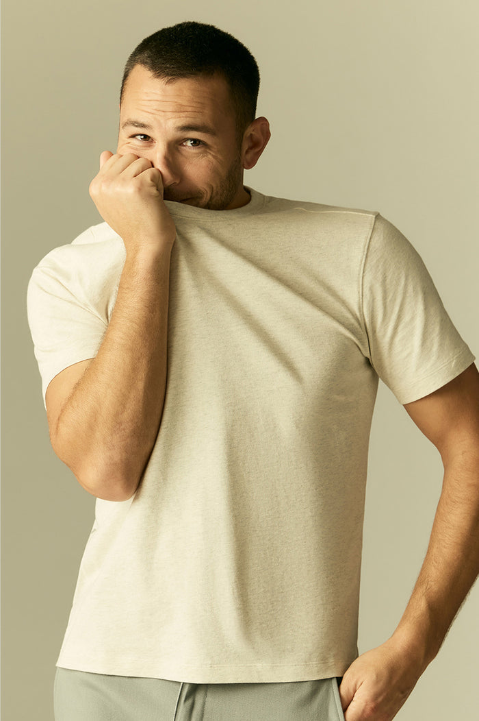 Man wearing Linen Jersey Crew Neck T-Shirt