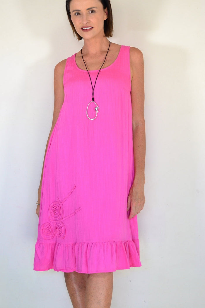 Pink linen rayon sleeveless tunic dress by Willow Tree, showcasing a relaxed fit and lightweight fabric with a simple, elegant design.