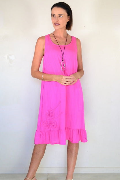 Pink linen rayon sleeveless tunic dress by Willow Tree, featuring a relaxed fit and casual style, shown on a model.