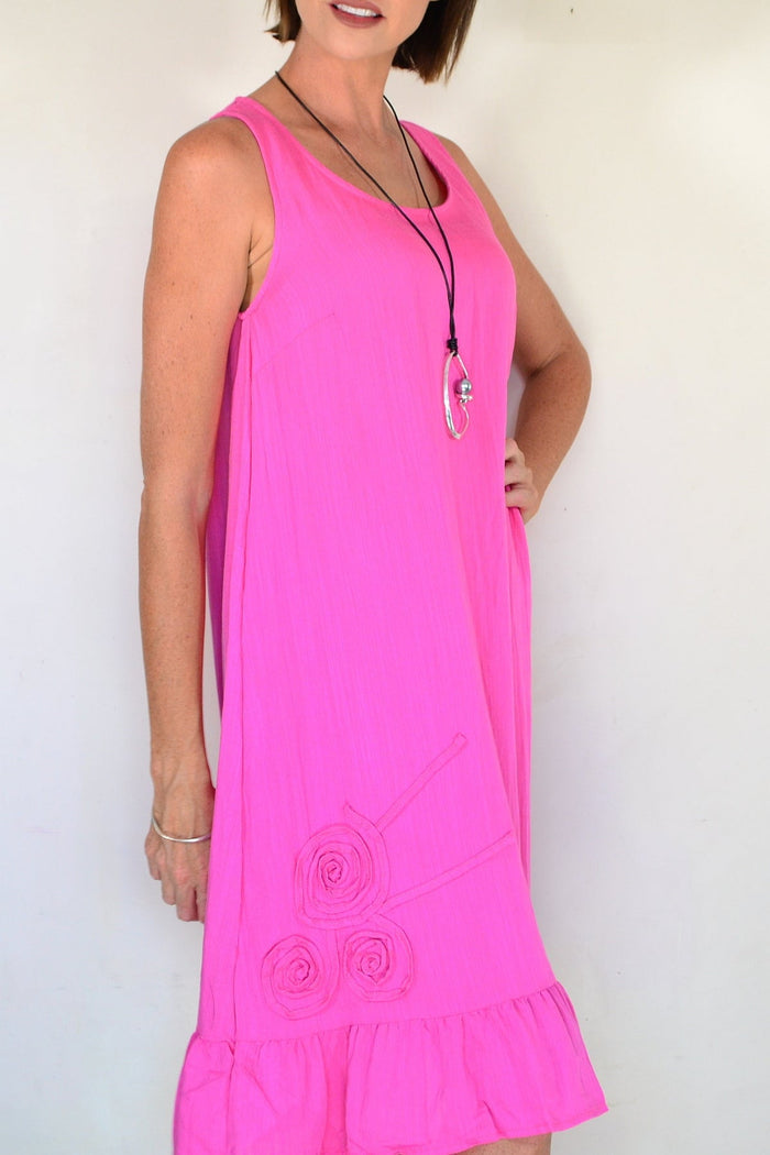 Pink linen rayon sleeveless tunic dress by Willow Tree, featuring a relaxed fit and casual style, shown on a model.