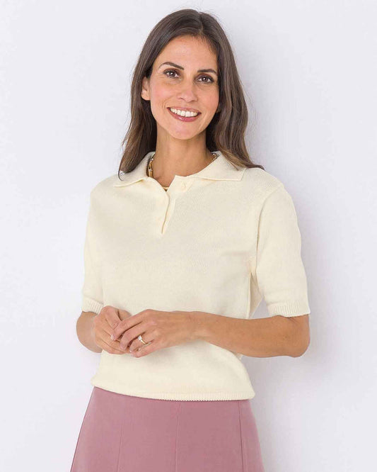 Luxury Knit Pure Cotton Ladies Polo Top - Ecru - The Classic Boutique