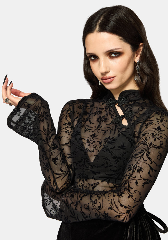 Mae Flock Mesh Asymmetric Long Sleeve Top