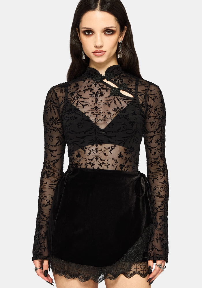 Mae Flock Mesh Asymmetric Long Sleeve Top