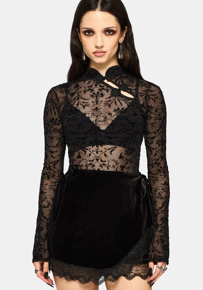 Mae Flock Mesh Asymmetric Long Sleeve Top