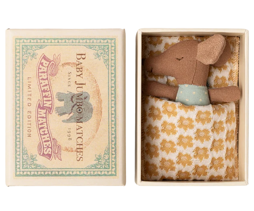 Maileg Winter Sleepy Wakey Baby Mouse in Matchbox in Blue