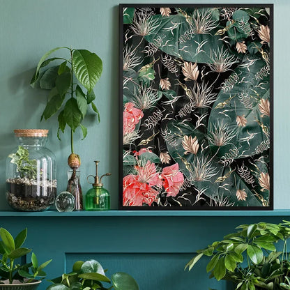 Maximalism Leaves Print 1, vintage botanical print black framed on a living room shelf