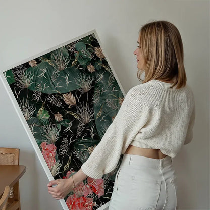 Maximalism Leaves Print 1 held up against a living room wall