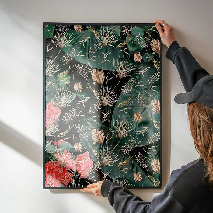 Maximalism Leaves Print 1 being hung on a wall in a black frame