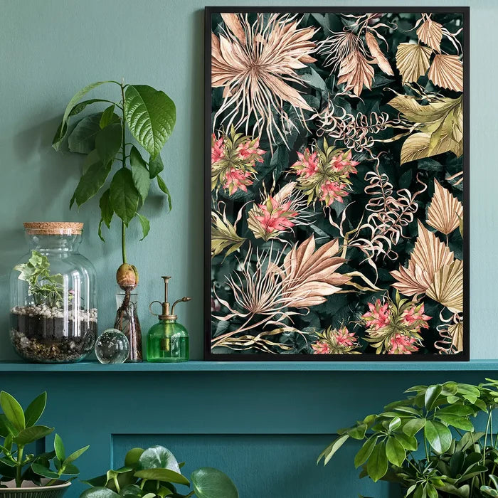 Maximalism Leaves Print 2, vintage botanical print black framed on a living room shelf