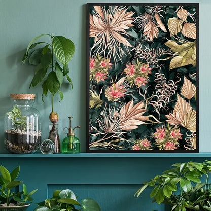 Maximalism Leaves Print 2, vintage botanical print black framed on a living room shelf