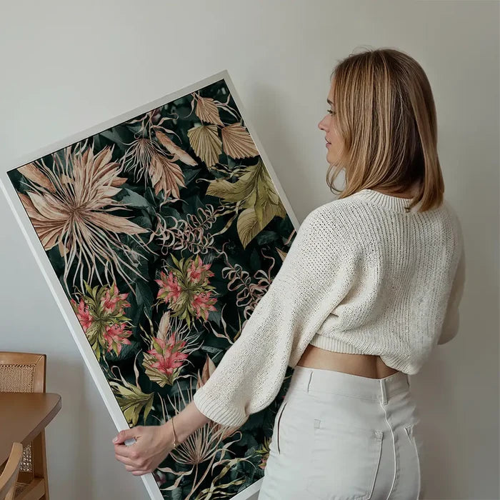 Maximalism Leaves Print 2 held up against a living room wall