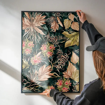 Maximalism Leaves Print 2 being hung on a wall in a black frame