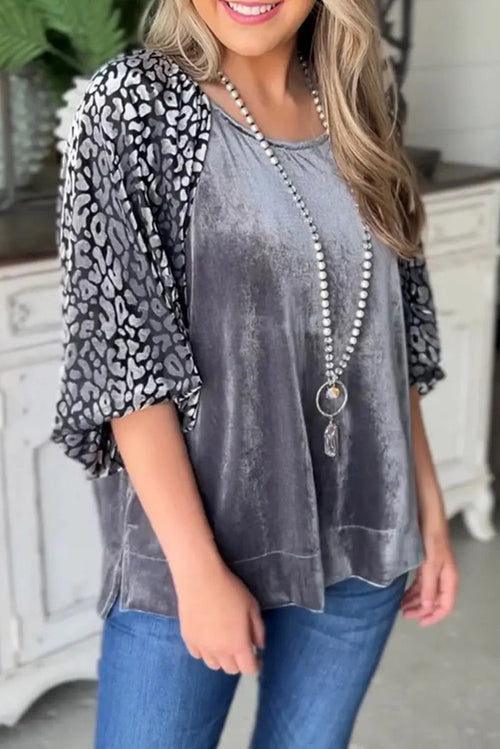 Medium Grey Leopard Splicing Lantern Sleeve Velvet Blouse - MEDIUM GREY / S / 95% POLYESTER + 5% ELASTANE
