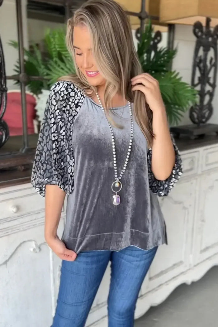 Medium Grey Leopard Splicing Lantern Sleeve Velvet Blouse - Tops/Blouses & Shirts
