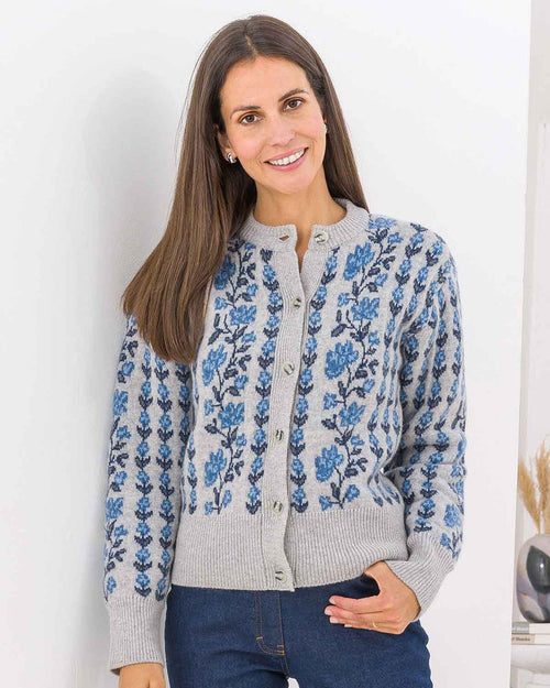 Melina Long Sleeved Floral Lambswool Cardigan - Grey - Image 1 - The Classic Boutique