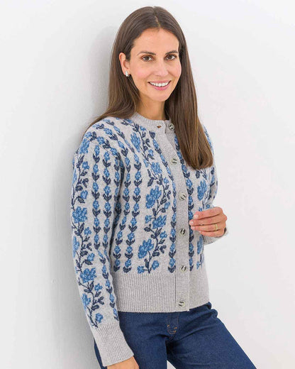 Melina Long Sleeved Floral Lambswool Cardigan - Grey - Image 2 - The Classic Boutique