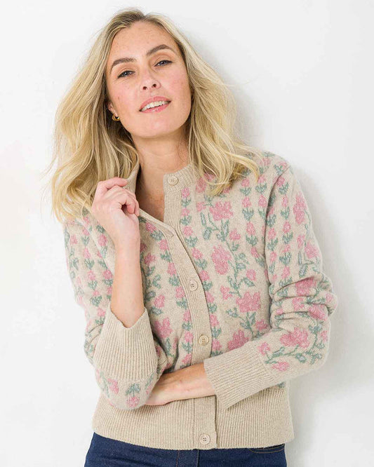 Melina Long Sleeved Floral Lambswool Cardigan - Linen - Image 1 - The Classic Boutique