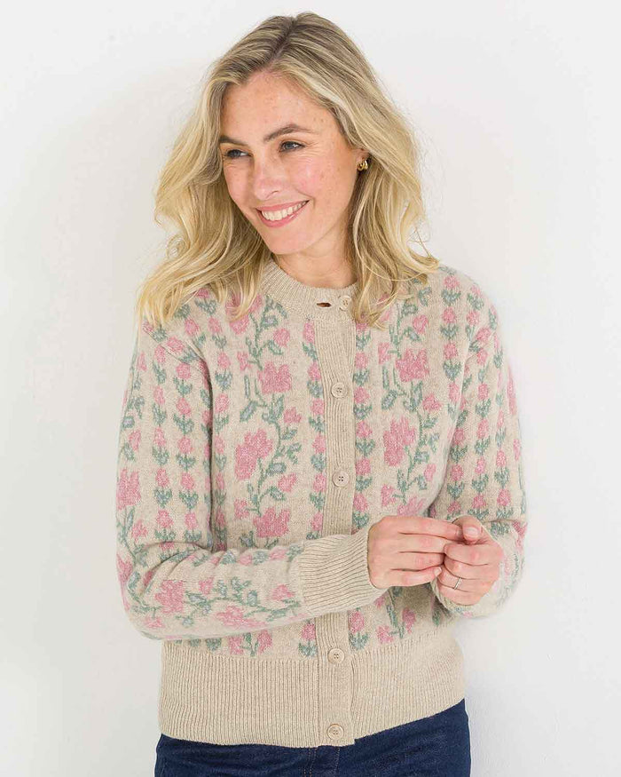 Melina Long Sleeved Floral Lambswool Cardigan - Linen - Image 2 - The Classic Boutique