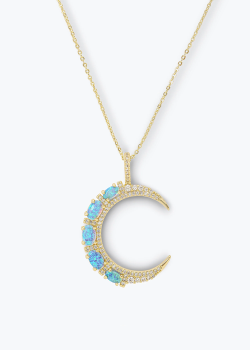 Gold necklace with a gold moon pendant with blue opal studs
