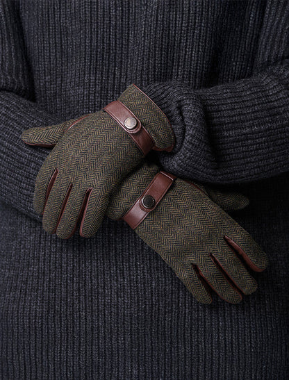 Mens Tweed Stud Gloves - Green Herringbone #color_green-herringbone
