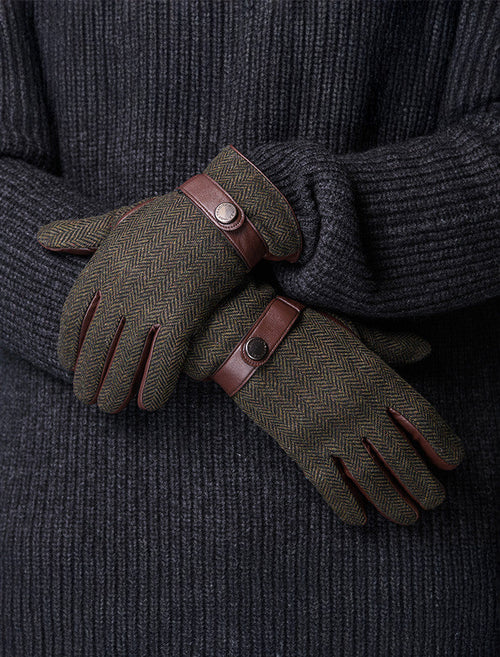 Mens Tweed Stud Gloves - Green Herringbone #color_green-herringbone