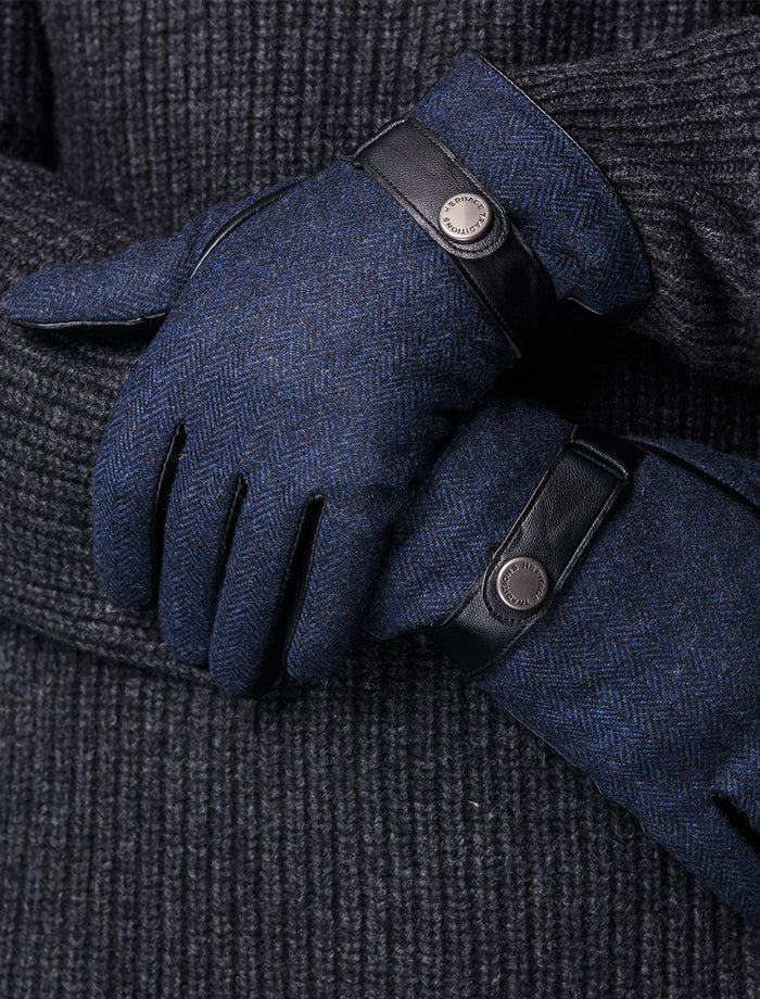 Mens Tweed Stud Gloves - Navy Herringbone #color_navy-herringbone