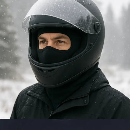 Person wearing a Sub Zero Meraklon thermal balalclava under their motorbike helmet outdoors in the snow
