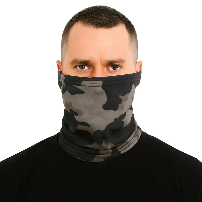 Man wearing a Sub Zero Meraklon Neck Warmer in camouflage grey colour on a white background
